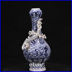 10.1'' Old Antique yuan dynasty Blue white Porcelain dragon seawater Garlic vase