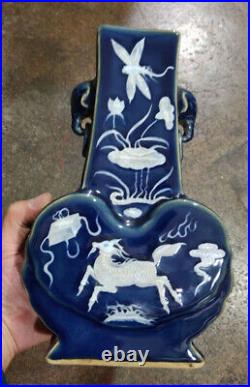 10.2 Chinese Yuan Blue White Porcelain Animal Dragon Qilin Four Sides Vase