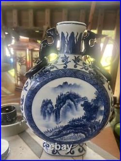 11.5 Chinese Porcelain Blue And White Moon Flask Ring Handles Mountain Scene