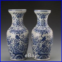 11 China Antique Porcelain Blue white painting flowers and birds Vase A pair