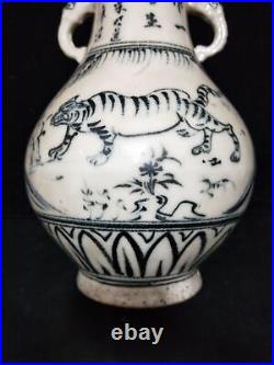 12.9 china antique tang dynasty blue white Porcelain tiger double ear bottle