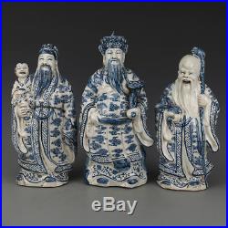 12 China antique Porcelain qing blue & white glaze Fu Lu and Shou statue
