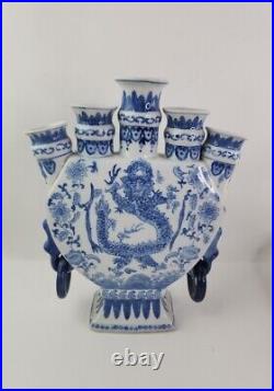 12 Marked Old China Blue White Porcelain Dynasty Palace Dragon 5 Mouth Bottle