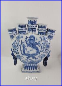 12 Marked Old China Blue White Porcelain Dynasty Palace Dragon 5 Mouth Bottle