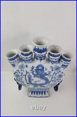 12 Marked Old China Blue White Porcelain Dynasty Palace Dragon 5 Mouth Bottle