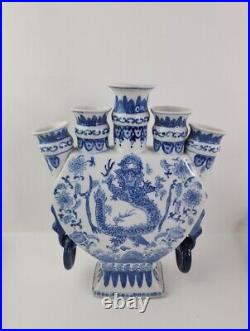 12 Marked Old China Blue White Porcelain Dynasty Palace Dragon 5 Mouth Bottle