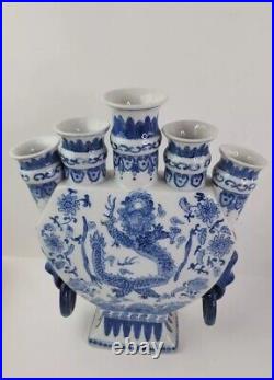 12 Marked Old China Blue White Porcelain Dynasty Palace Dragon 5 Mouth Bottle