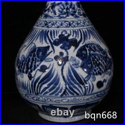 13 China old yuan dynasty Porcelain Blue white Lotus fish algae Yuhuchun vase