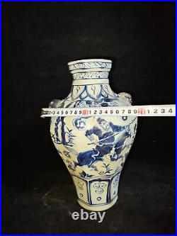 13 Old China yuan dynasty blue white Porcelain pair character Tiger Head vase