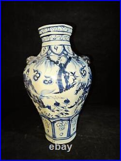 13 Old China yuan dynasty blue white Porcelain pair character Tiger Head vase