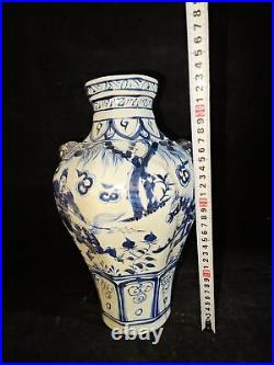 13 Old China yuan dynasty blue white Porcelain pair character Tiger Head vase