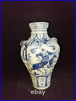 13 Old China yuan dynasty blue white Porcelain pair character Tiger Head vase