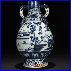 14.6 Antique dynasty Porcelain xuande mark Blue white character double ear vase