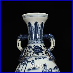 14.6 Antique dynasty Porcelain xuande mark Blue white character double ear vase