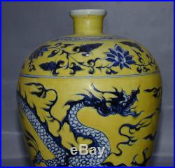 14 Old Chinese Blue White Yellow Porcelain Dynasty Dragon Flower Bottle Vase