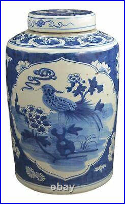 15 Antique Finish Blue and White Porcelain Bird and Flowers Ceramic Covered