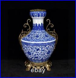 16.4China manual Porcelain Qing dynasty Qianlong Blue white Binaural bottle