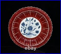 16.7Old ming dynasty blue white Porcelain Laetite red glaze Lotus flower Plate