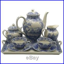 16 Pagoda Blue/White Transferware Porcelain Tea Set with Tray Antique Replica