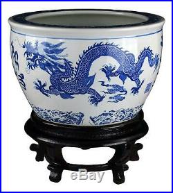 16 Porcelain Blue and White Fishbowl, Fish Bowl Two Dragons Playing with Super