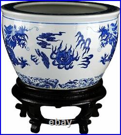 16 Porcelain Blue and White Fishbowl, Fish Bowl Two Dragons Playing with Super