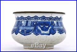 17C Kangxi Chinese Blue & White Crackle Soft Paste Porcelain Censer Bowl Metal