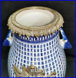 17.3 Qianlong Marked Bronze Blue White Porcelain Dynasty Deer Head Bottle Vase