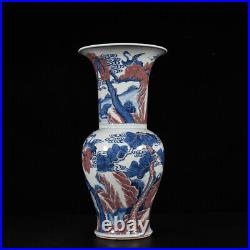 17.7 Antique dynasty Porcelain kangxi mark Blue white red pine deer Crane vase