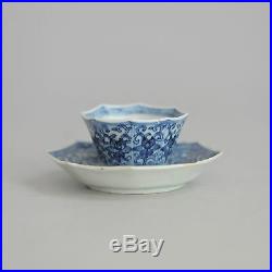18C Chinese Porcelain Cup & Saucer Blue White'Flower Scene' Antique