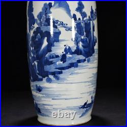 18.9 Antique dynasty Porcelain kangxi mark Blue white landscape character vase
