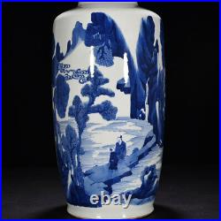 18.9 Antique dynasty Porcelain kangxi mark Blue white landscape character vase