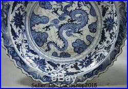 18 Old China Yuan Blue White Porcelain Dynasty Palace Dragon Flower Plate Tray