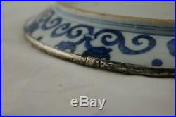 18th Chinese Blue & White Porcelain Plate Kangxi Period Sterling Silver Round