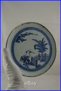 18th Chinese Blue & White Porcelain Plate Kangxi Period Sterling Silver Round