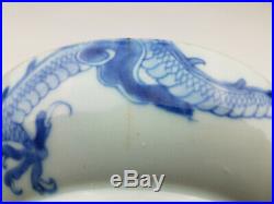 18th Chinese Kangxi Blue White Porcelain Dragon Shallow Bowl Dish with Mark