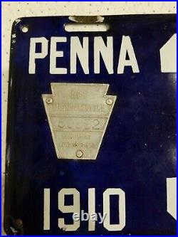 1910 Penna PA Blue & White Porcelain Enameled Automobile License Plate