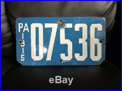 1915 Pennsylvania MOTORCYCLE Porcelain License Plate Blue White RARE 5 Dig