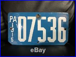 1915 Pennsylvania MOTORCYCLE Porcelain License Plate Blue White RARE 5 Dig