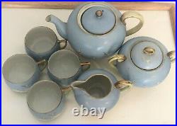 1920's Antique Hand Painted Nippon Japan Blue Porcelain White Crane Tea Set