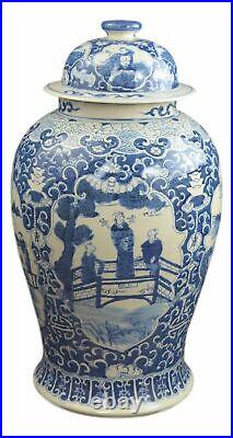 19 Antique Finish Blue and White Porcelain Ancient Figures Temple Ceramic Ja