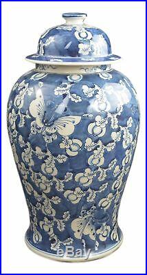 19 Antique Finish Blue and White Porcelain Blue Butterfly Temple Ceramic Jar