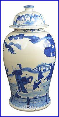 19 Antique Finish Blue and White Porcelain Children Play Temple Ceramic Jar