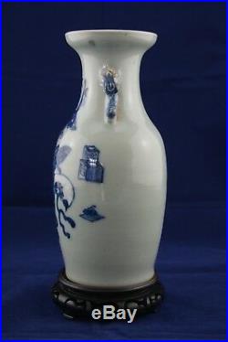 19th Guangxu Chinese Porcelain Blue & White Celadon Enamel Vase Wood Stand