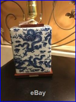 1 Rare Signed Ralph Lauren Lamp Smooth Porcelain Mandarin Dragon Blue White