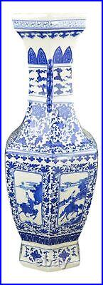 21 Classic Blue and White Hexagonal Porcelain Vase, Figure Dragon Ears Ceram