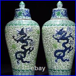 22.8 A pair Porcelain ming dynasty jiajing Blue white green dragon Pulm Vase