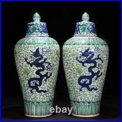 22.8 A pair Porcelain ming dynasty jiajing Blue white green dragon Pulm Vase
