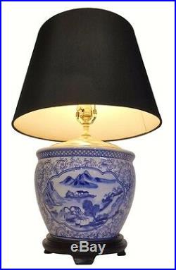 24' H. Blue and White Landscape Porcelain Table Lamp With black and Gold Shade