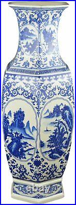 25 Classic Blue and White Hexagonal Porcelain Vase, Landscape Painting Ceramic