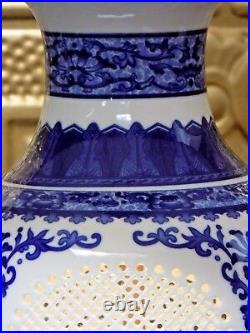 27 Blue & White Chinese Porcelain Vase Table Lamp Pierced Carved / Reticulated
